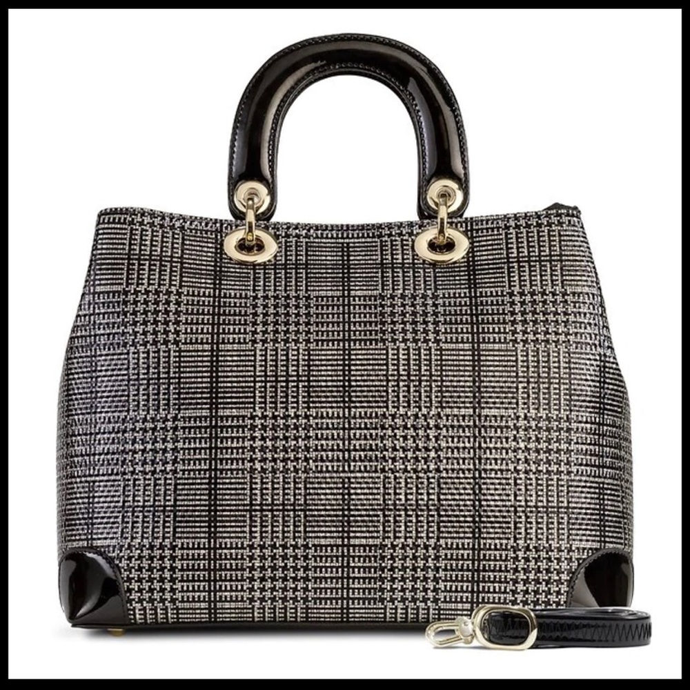 Bravo Fashion GALINA TWEED LEATHER SPARKLING BLACK AND SILVER PRINT HANDBAG